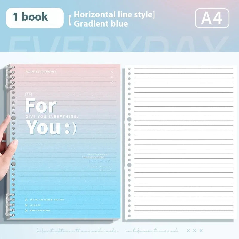 Removable coil gradient notebook in blue with PP cover and wood-free paper, showing coil binding mechanism
