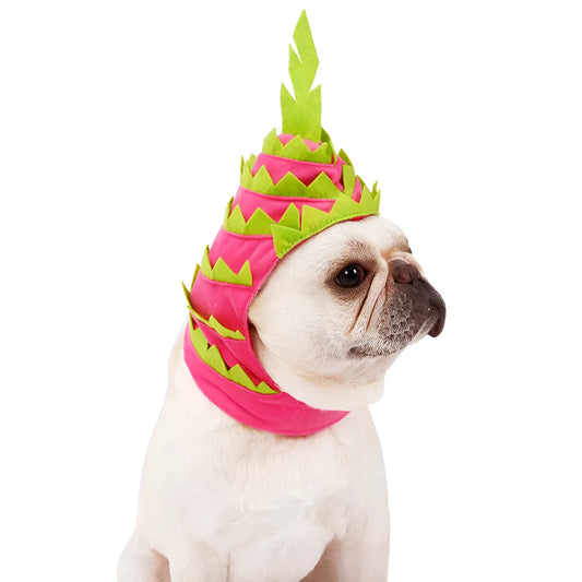Pink green pitaya fruit design pet hat for cats and dogs, size L, 28-42cm neck, velvet and felt headwear