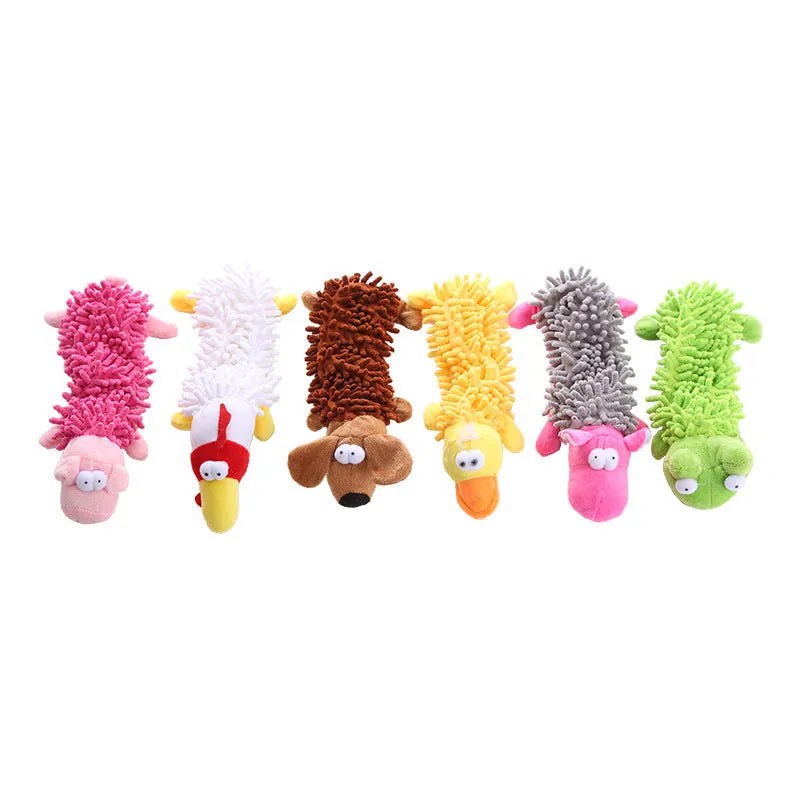 Plush horse molar dog toy in various animal colour designs including brown dog and yellow duck.