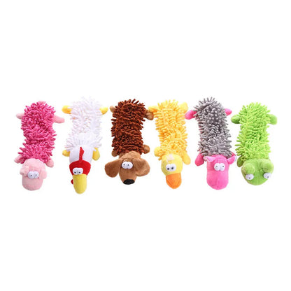 Plush horse molar dog toy in various animal colour designs including brown dog and yellow duck.