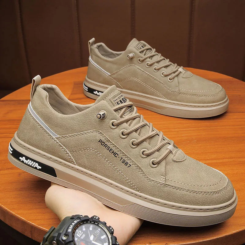 Men's khaki waterproof casual shoes with round toe and rubber sole for work and leisure.