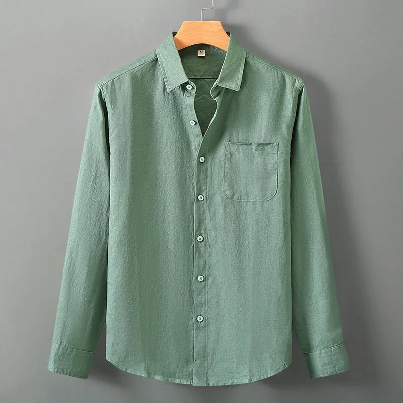 Long sleeve linen cardigan in a Chinese style, shown in a solid colour on a model.