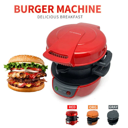 Versatile Breakfast Maker with sandwich, waffle, and egg cooking functions in bright red, orange, and silver gray colors