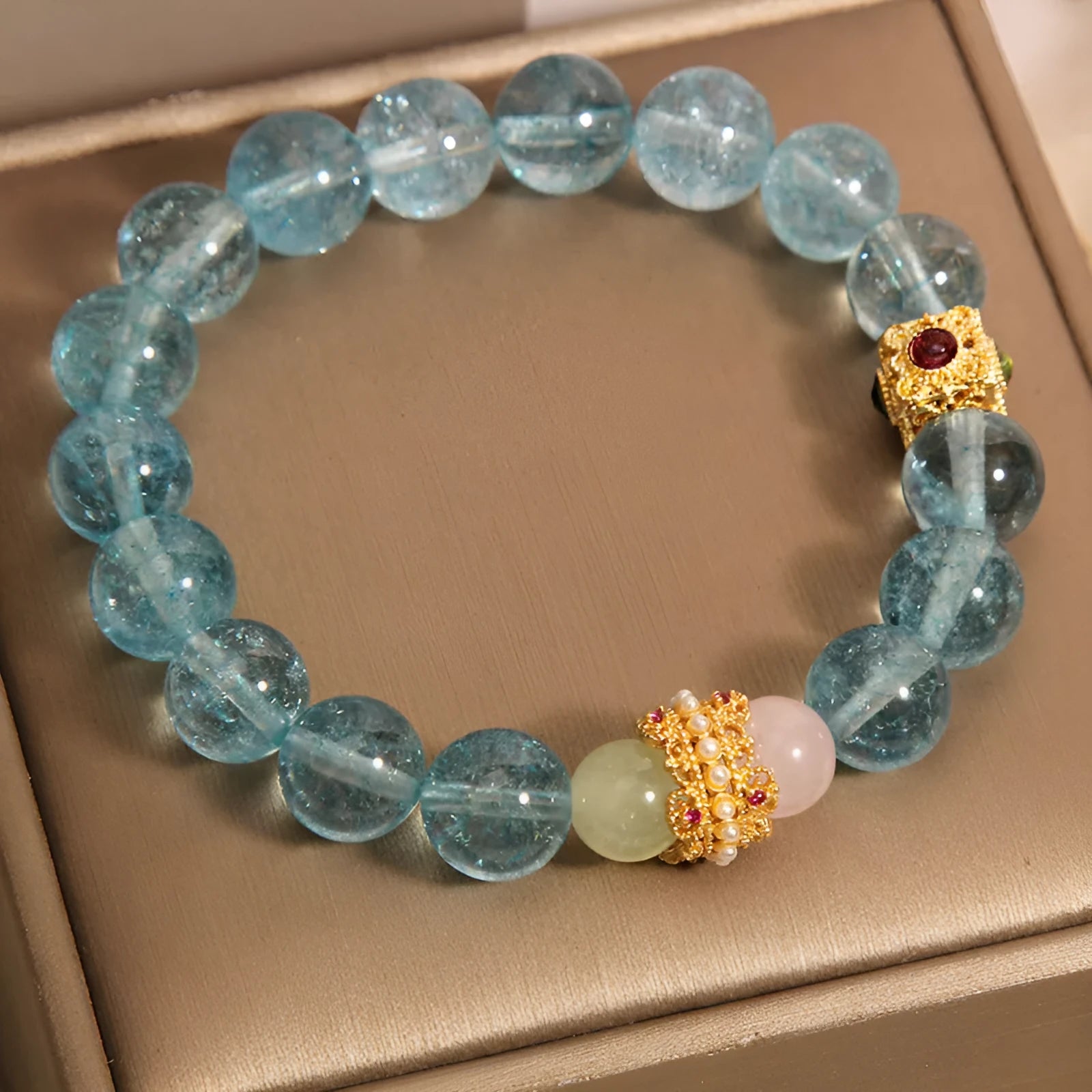 Women's flexible crystal bracelet with blue cube sugar beads and colourful crystal accents