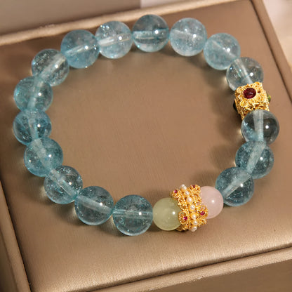 Women's flexible crystal bracelet with blue cube sugar beads and colourful crystal accents
