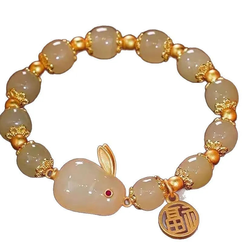 Unisex peace buckle bracelet with glass beads, coloured glaze components and rabbit motif in national style design