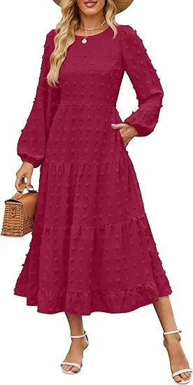 Autumn long sleeve dress with ruffled sleeves and high waist design in various colour options
