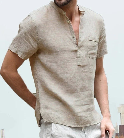 Men's casual linen V-neck short sleeve shirt in various colors for summer