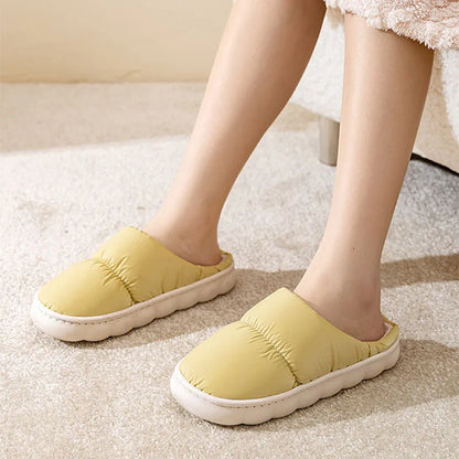 Down cotton slippers with artificial leather upper and rubber anti-slip sole in blue colour