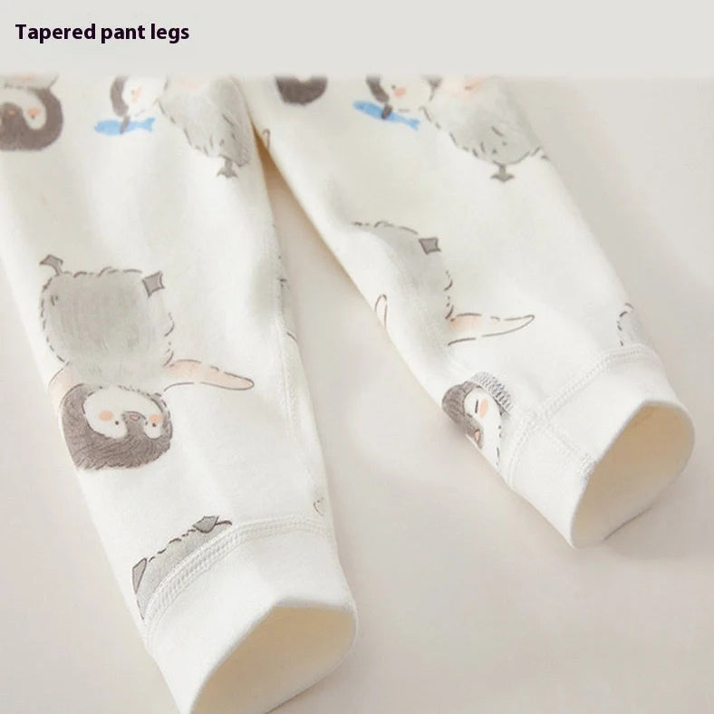 Cotton baby long johns set with penguin cartoon design, showing long sleeves and pants