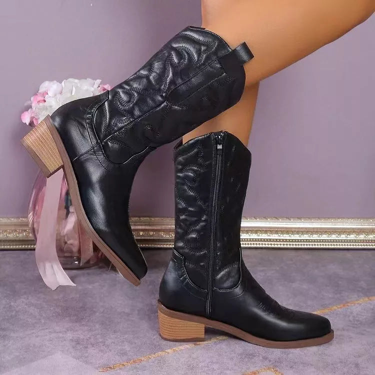 Women's pointed toe western boots with chunky heel in various colors