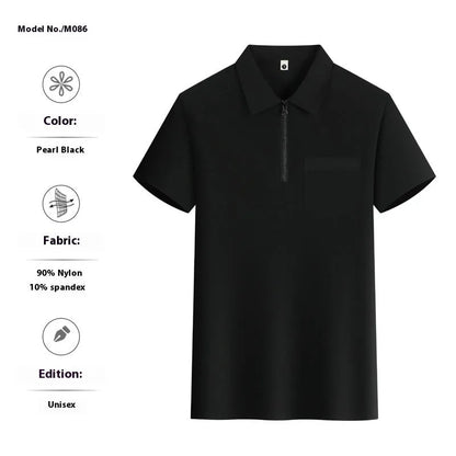 Short sleeve grey nylon work shirt with lapel zipper pockets and tooling culture design