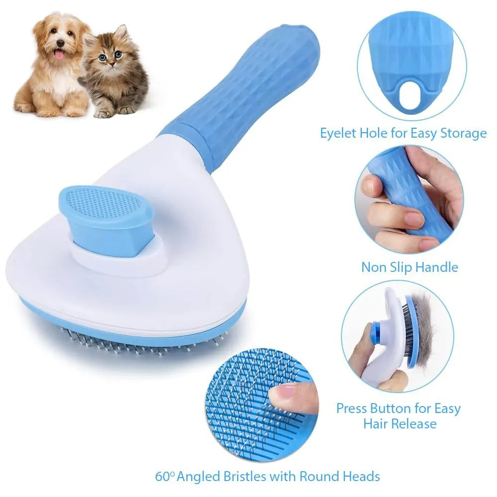 Blue cat brush with release button and fine wire bristles for grooming pets