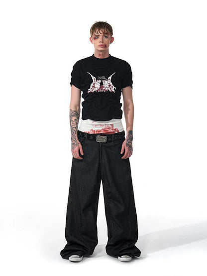 Black Korean style slim fit men's T-shirt with printed design and short sleeves