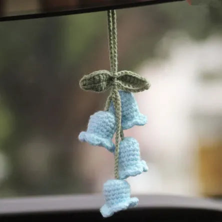 Green and white knitting wool car plant decoration with 8cm base and 25cm hanging rope