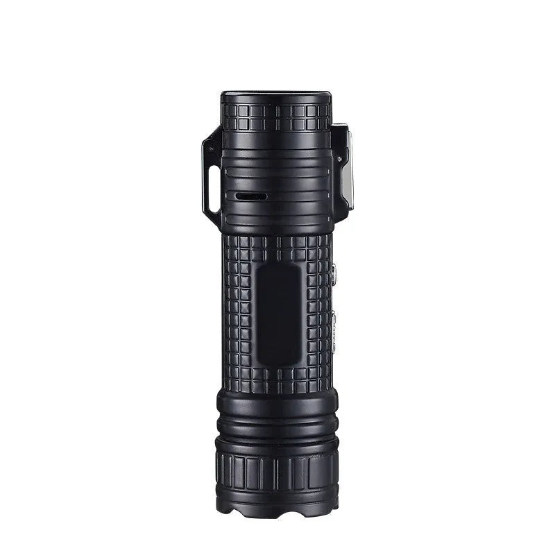 TH727 metal waterproof flashlight lighter in camouflage colour showing plasma arc and torch beam