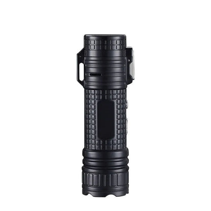 TH727 metal waterproof flashlight lighter in camouflage colour showing plasma arc and torch beam