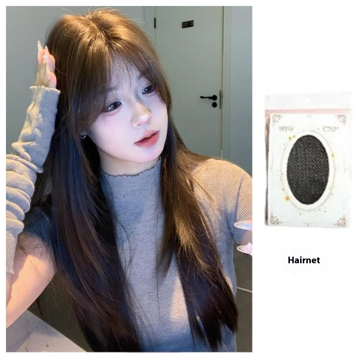 Long straight layered synthetic wig in cold brown colour on a stand.