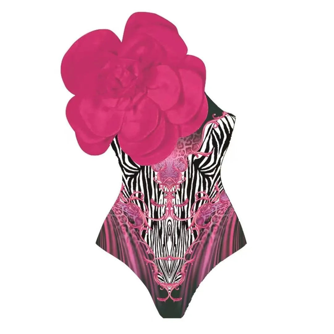 Women's polyester one-piece swimsuit in floral print with wrap skirt styling option
