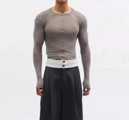 Black mesh see-through texture slim-fit long sleeve women's pullover on a hanger