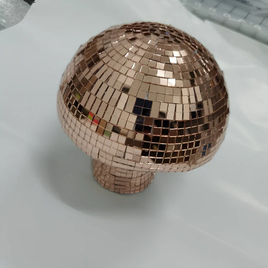 Handmade glass mushroom-shaped disco ball ornament with mirror finish and brick patterning