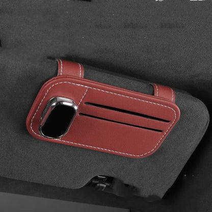 Cowhide leather car sun visor card holder with glasses clip in beige, black, mocha, grey or wine red