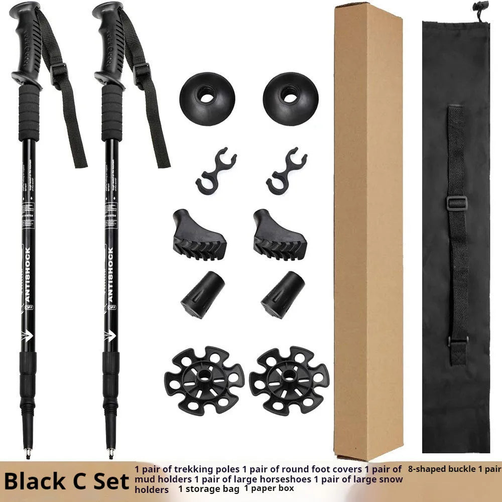 Aluminium alloy telescopic trekking pole extended with straight handle, shown with accessory tips including foot cover and snow holder.