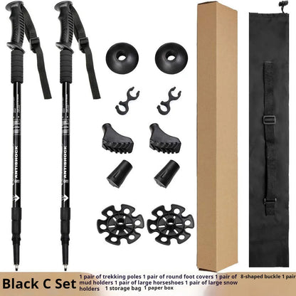 Aluminium alloy telescopic trekking pole extended with straight handle, shown with accessory tips including foot cover and snow holder.