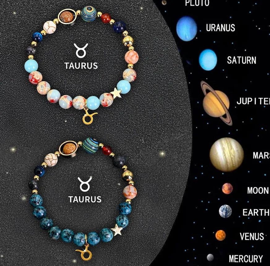 Set of two natural stone beaded bracelets showing zodiac sign designs on an elastic cord.