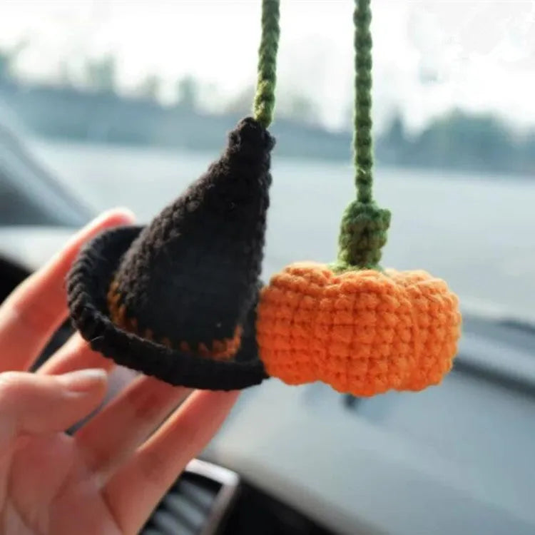 Soft, hand-woven plush car hanging ornament in a cartoon character design.