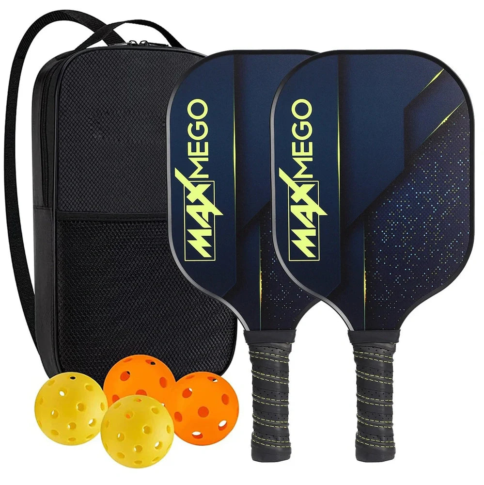 Peak Racket fibreglass squash set showing two rackets and four balls for complete playing equipment