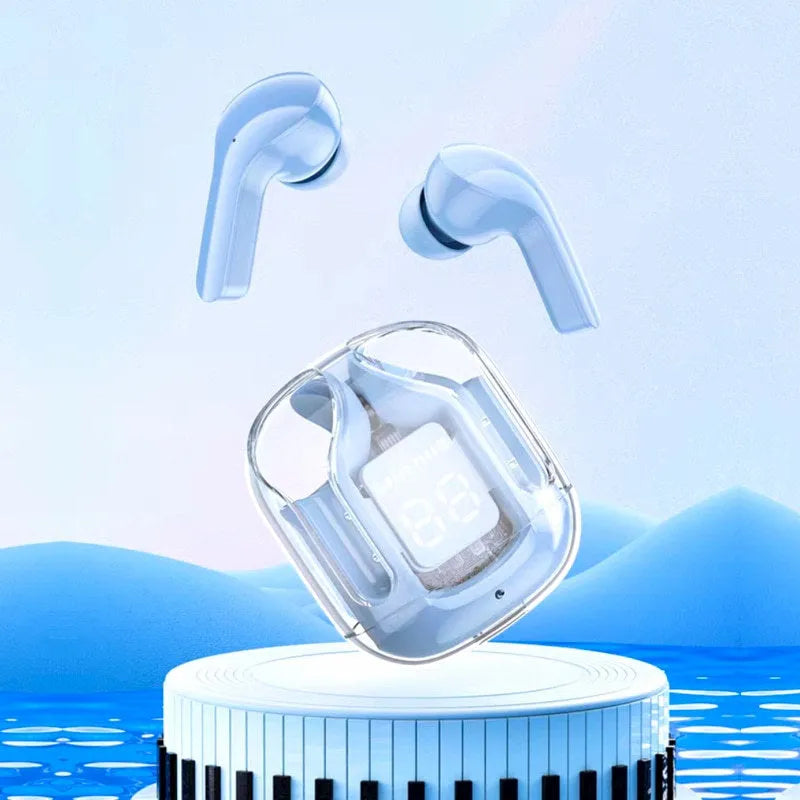 Transparent capsule case containing true wireless Bluetooth earbuds in light blue, showing digital display.