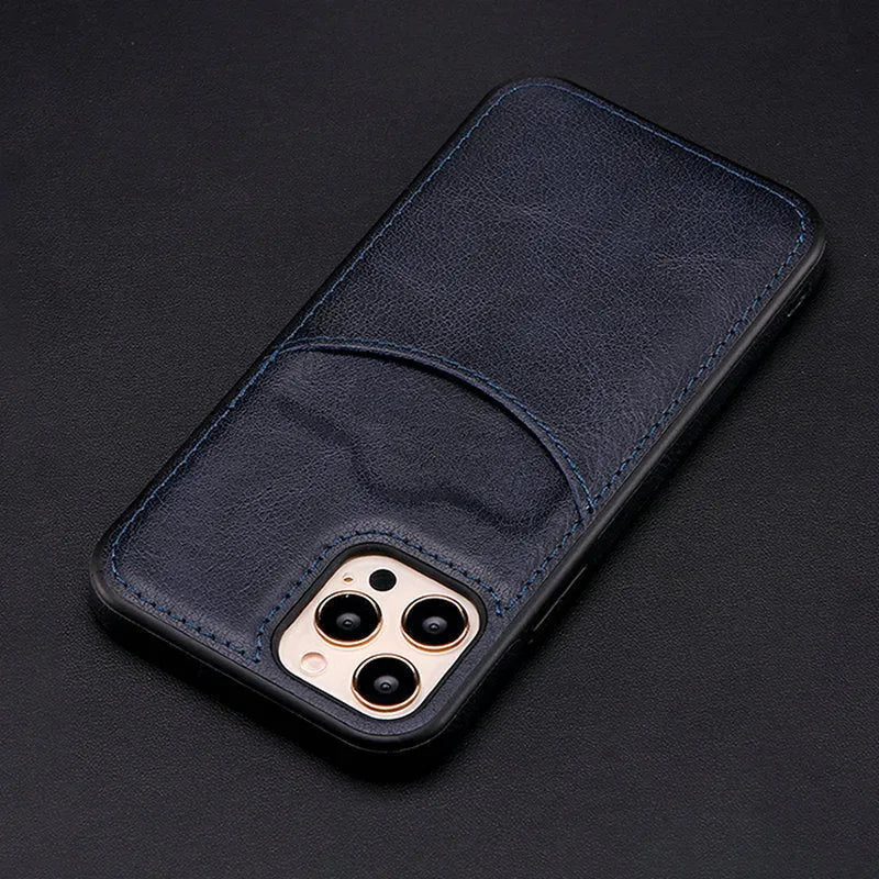 Dark blue PU protective case for iPhone models 7 through 14 with fall protection