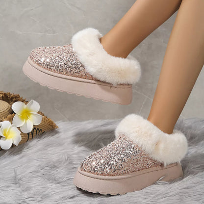 Sequined plush slippers with thick soles for winter warmth in blue, gold, black, and pink
