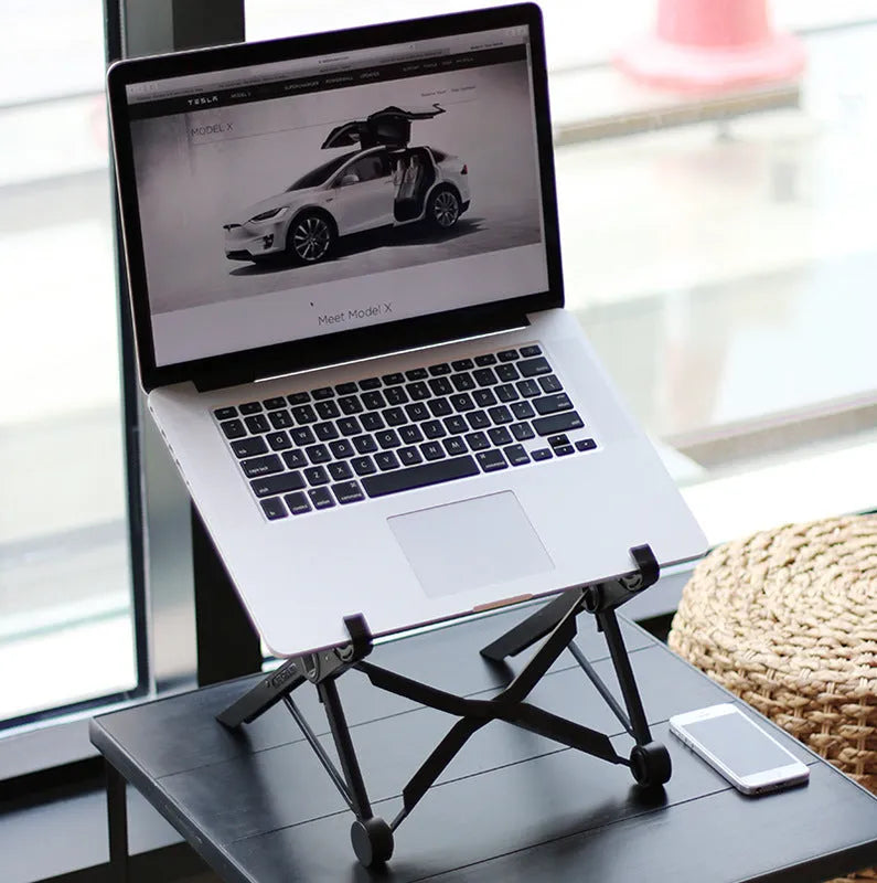 Sagacious black foldable laptop stand with lifting function, enhanced nylon construction, 35.4cm width