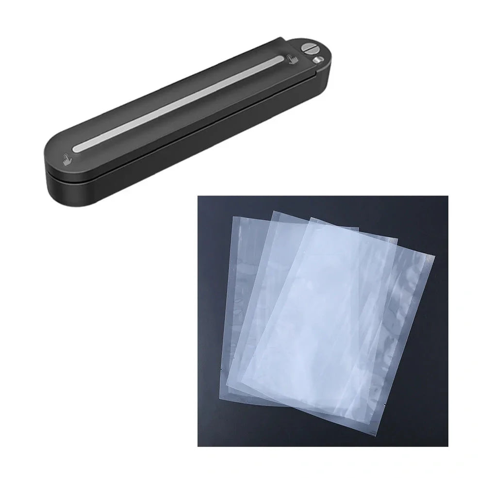 Black household vacuum sealing machine with 90W power, vacuum bags, and external tubes for food preservation