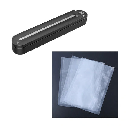 Black household vacuum sealing machine with 90W power, vacuum bags, and external tubes for food preservation