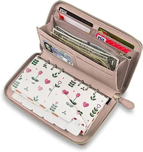 Slim anti-theft RFID blocking card holder wallet in PU leather, shown in various colours including rose gold and black.