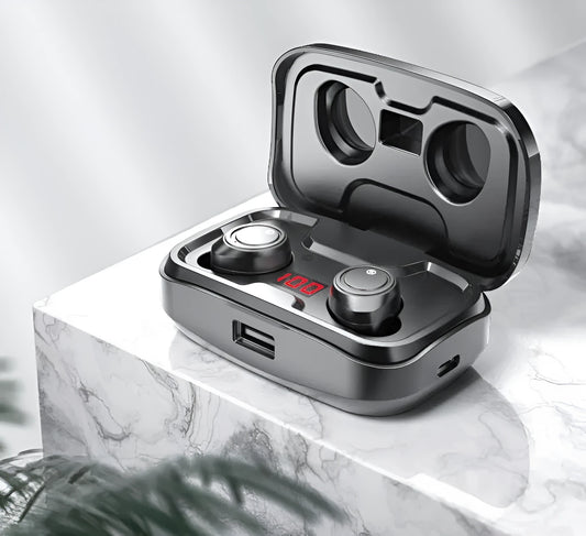 Black Bluetooth gaming headset with charging box and mobile phone charging functionality