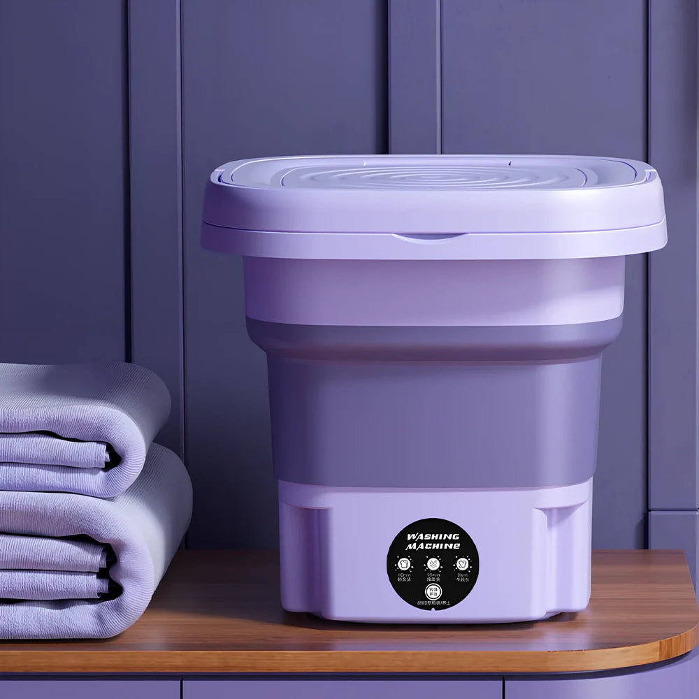 Green retractable folding washing machine showing 26cm dimensions and USB power connection