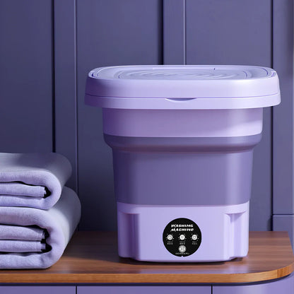 Green retractable folding washing machine showing 26cm dimensions and USB power connection