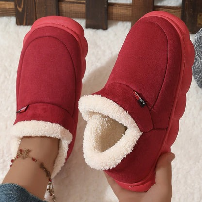 Cozy plush house slippers with soft velvet upper, warm suede lining, and thick rubber soles for indoor and light outdoor wear