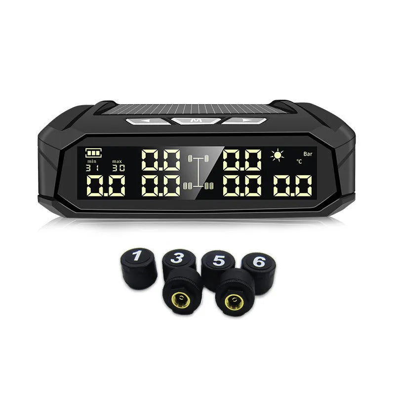 Solar external tyre pressure monitor with colour digital screen for six-wheel vehicles