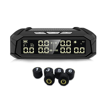 Solar external tyre pressure monitor with colour digital screen for six-wheel vehicles