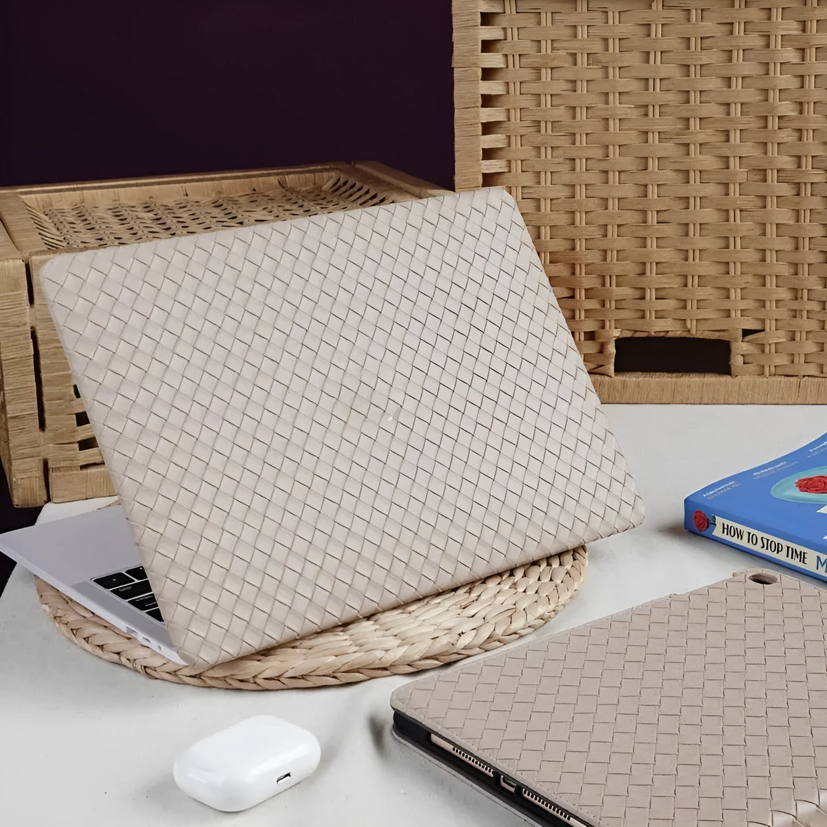 Milk tea colour leather woven laptop case for MacBook Air and Pro, model-specific protective shell.