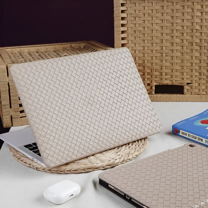 Milk tea colour leather woven laptop case for MacBook Air and Pro, model-specific protective shell.