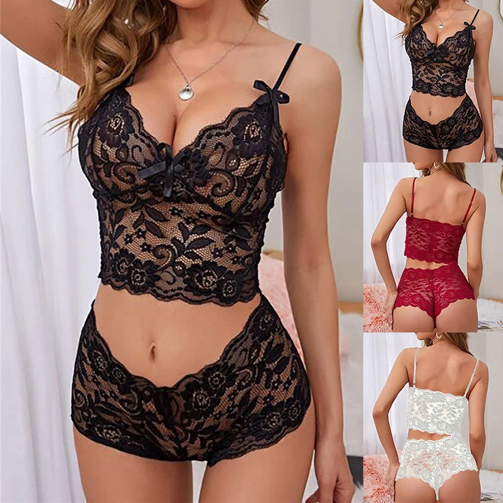 Women's adjustable lace lingerie set with chest wrap fastening in multiple colours