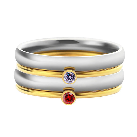 December colour birthstone superimposed combination engraved ring in titanium steel with geometric shape