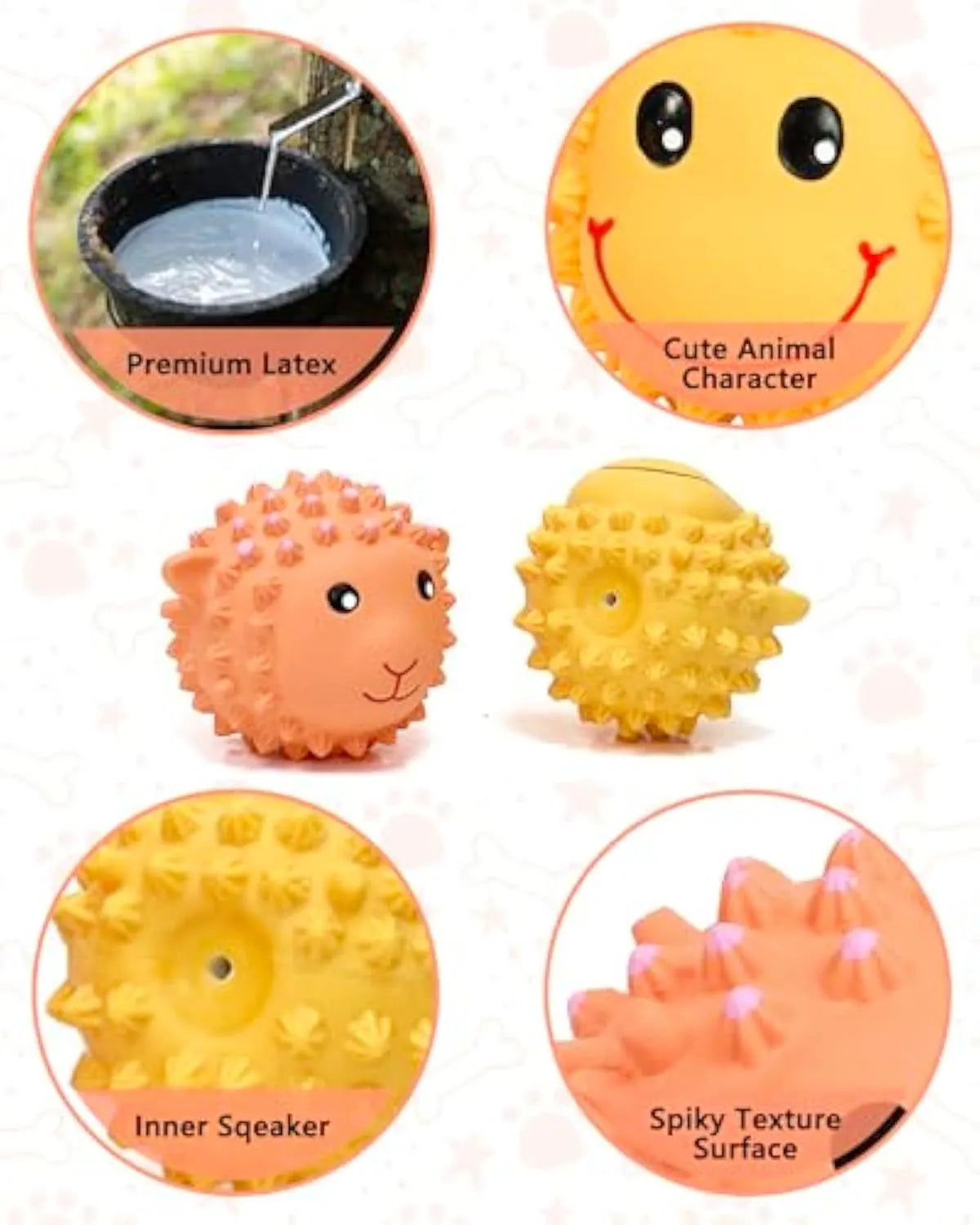 Latex squeaky dog toys in lamb and monkey designs, 3 inches diameter with spiky texture for dental cleaning