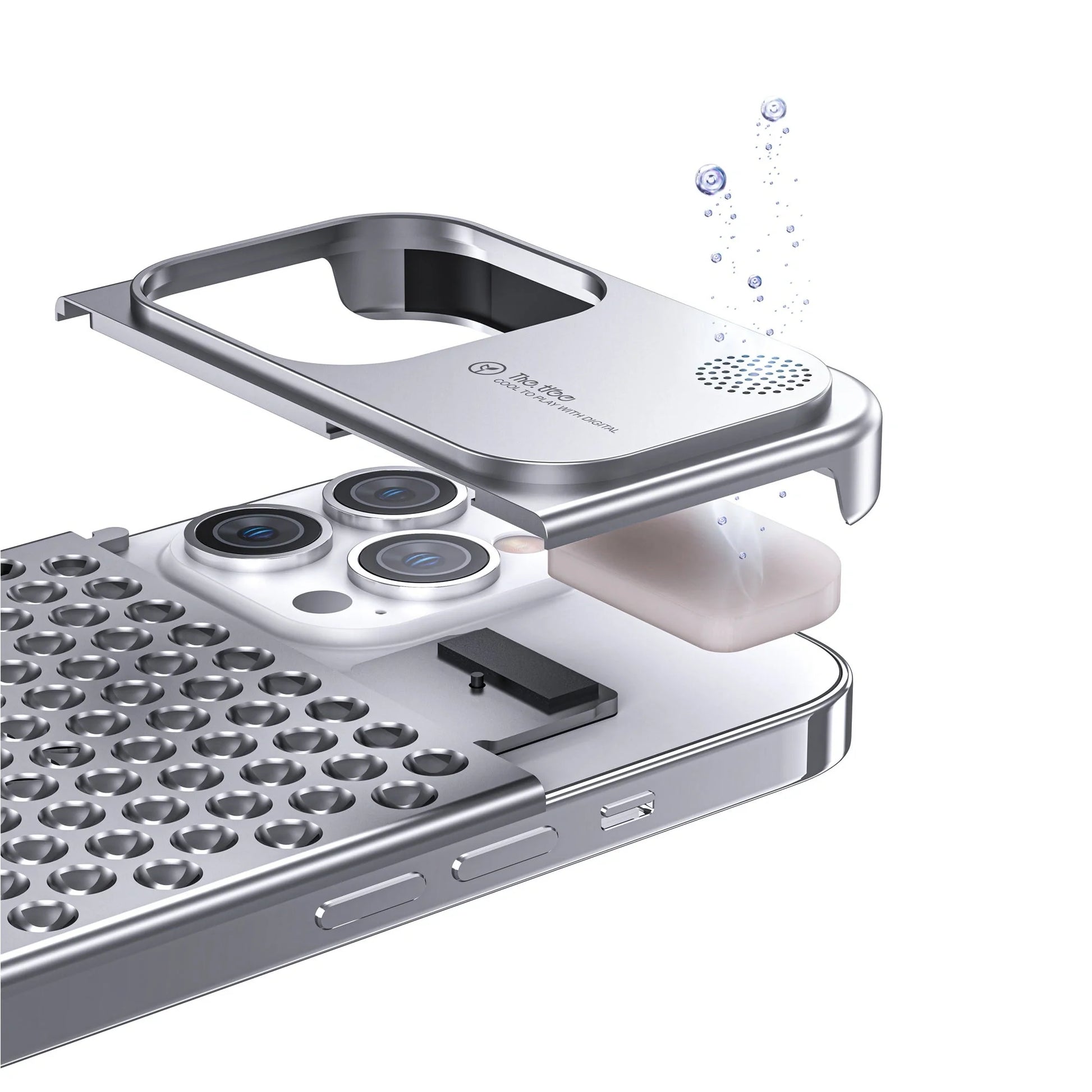 Aluminum alloy iPhone case with hollow design for heat dissipation and built-in aromatherapy tablet